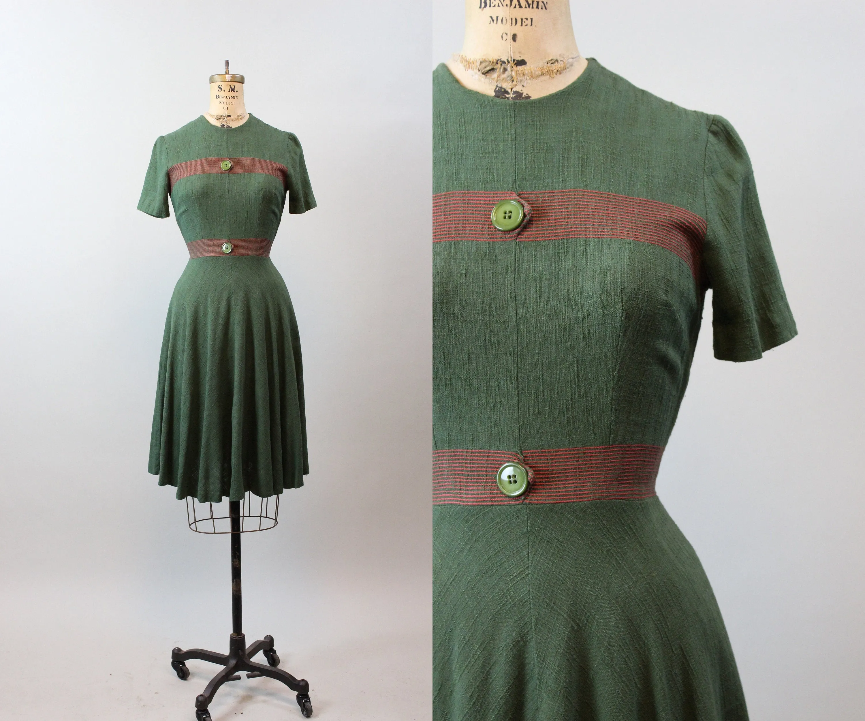 1940s OLIVE and RED button dress xxs | new winter
