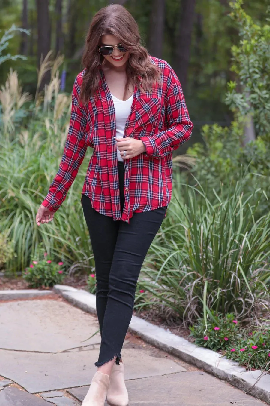 Aaron Plaid Button Top