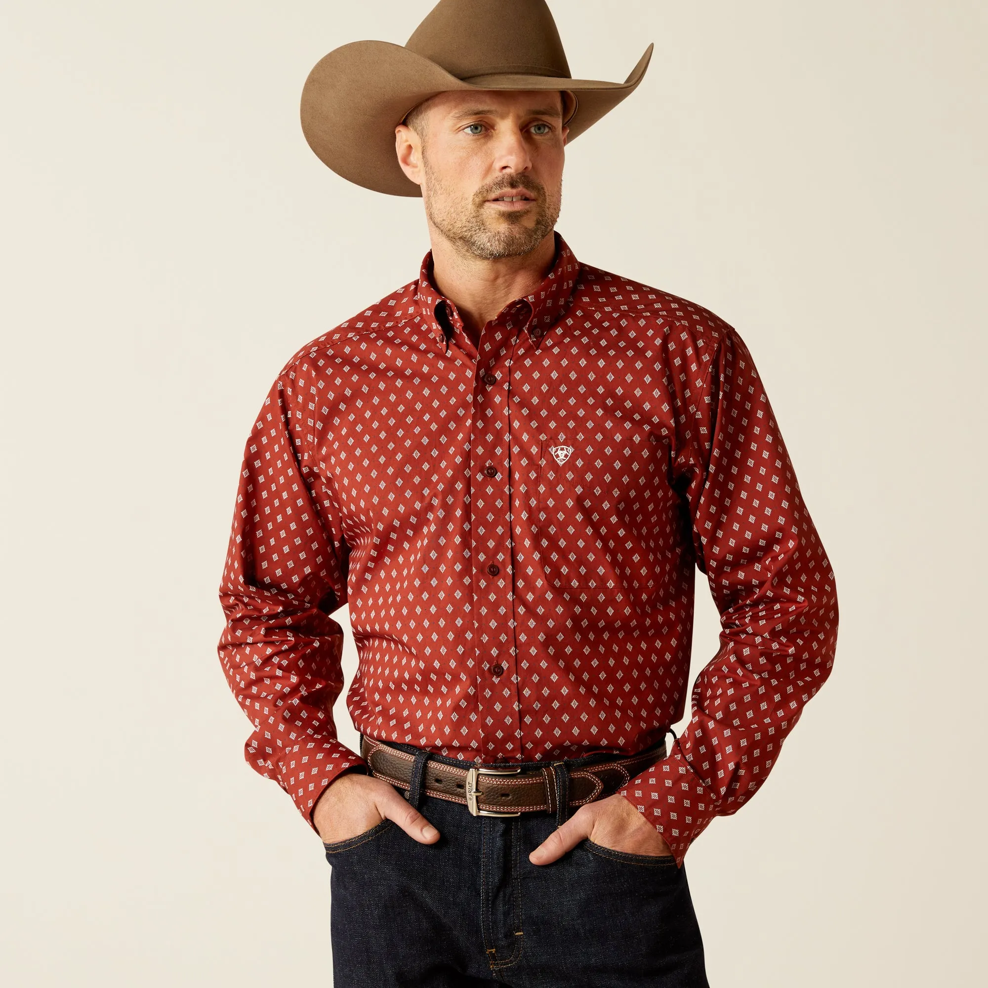 Ariat Pax Classic Fit Burgundy Diamond Print Button-Down Shirt for Boys