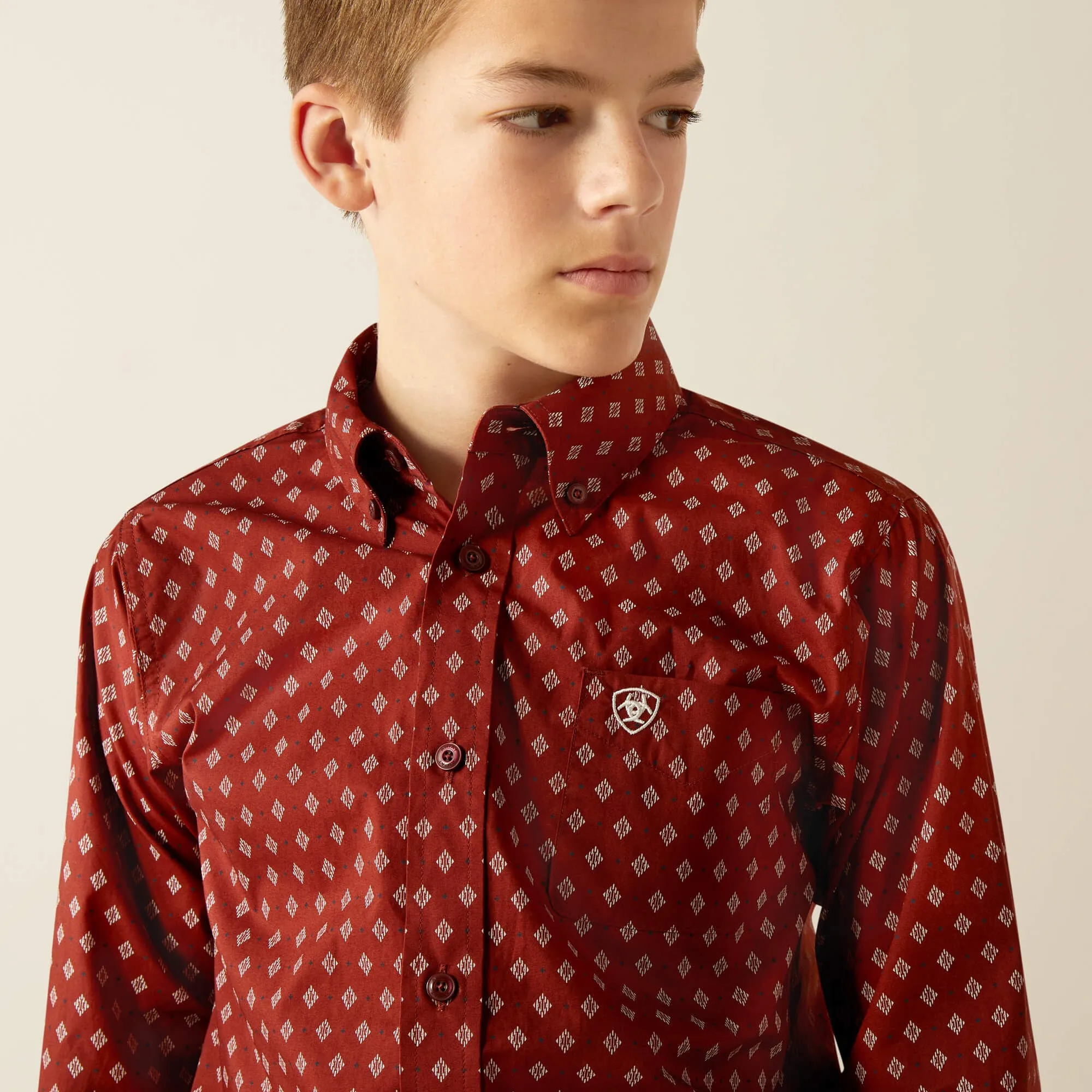 Ariat Pax Classic Fit Burgundy Diamond Print Button-Down Shirt for Boys