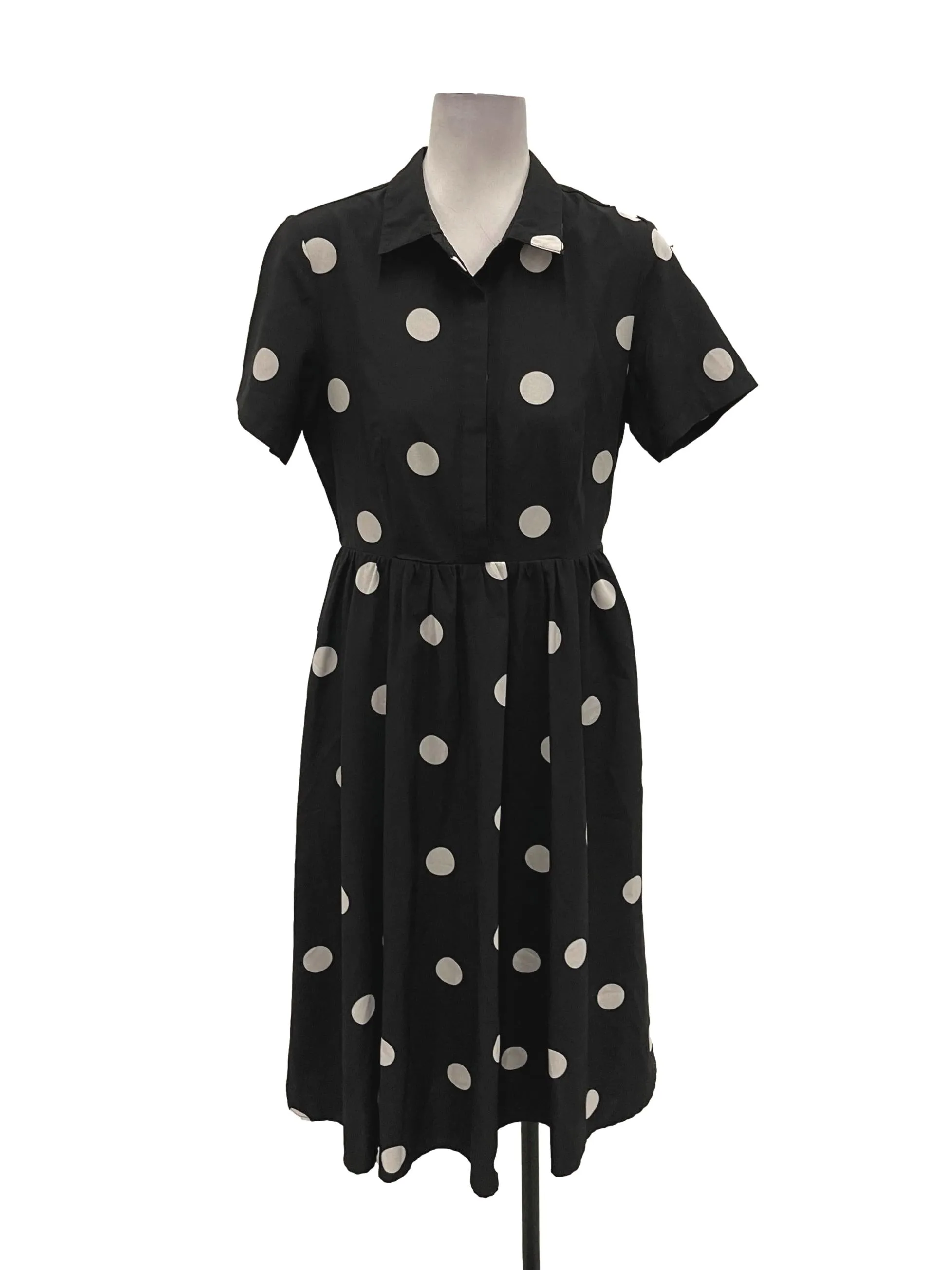 Black Button Down Polka Dotted Midi Dress