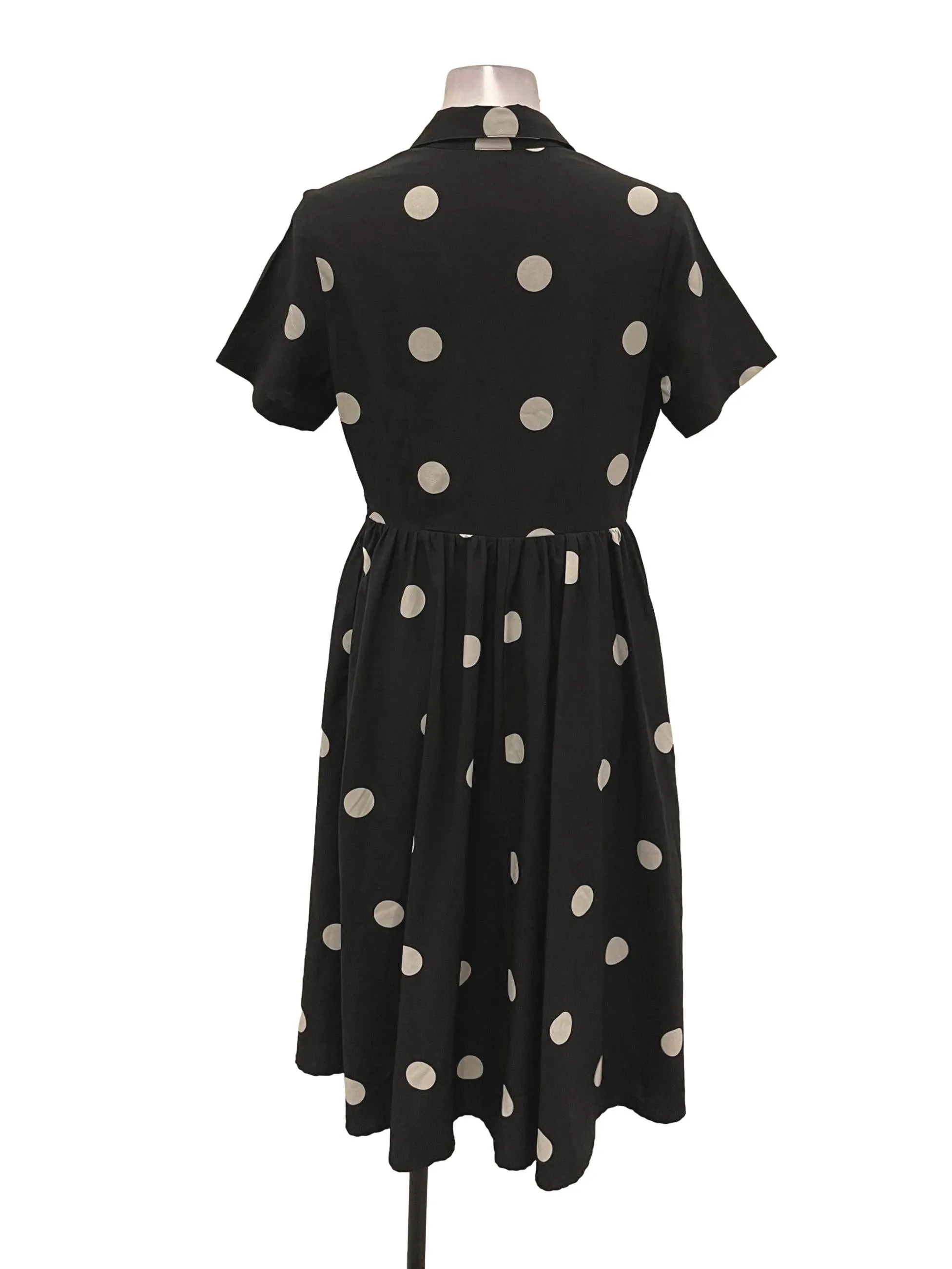 Black Button Down Polka Dotted Midi Dress