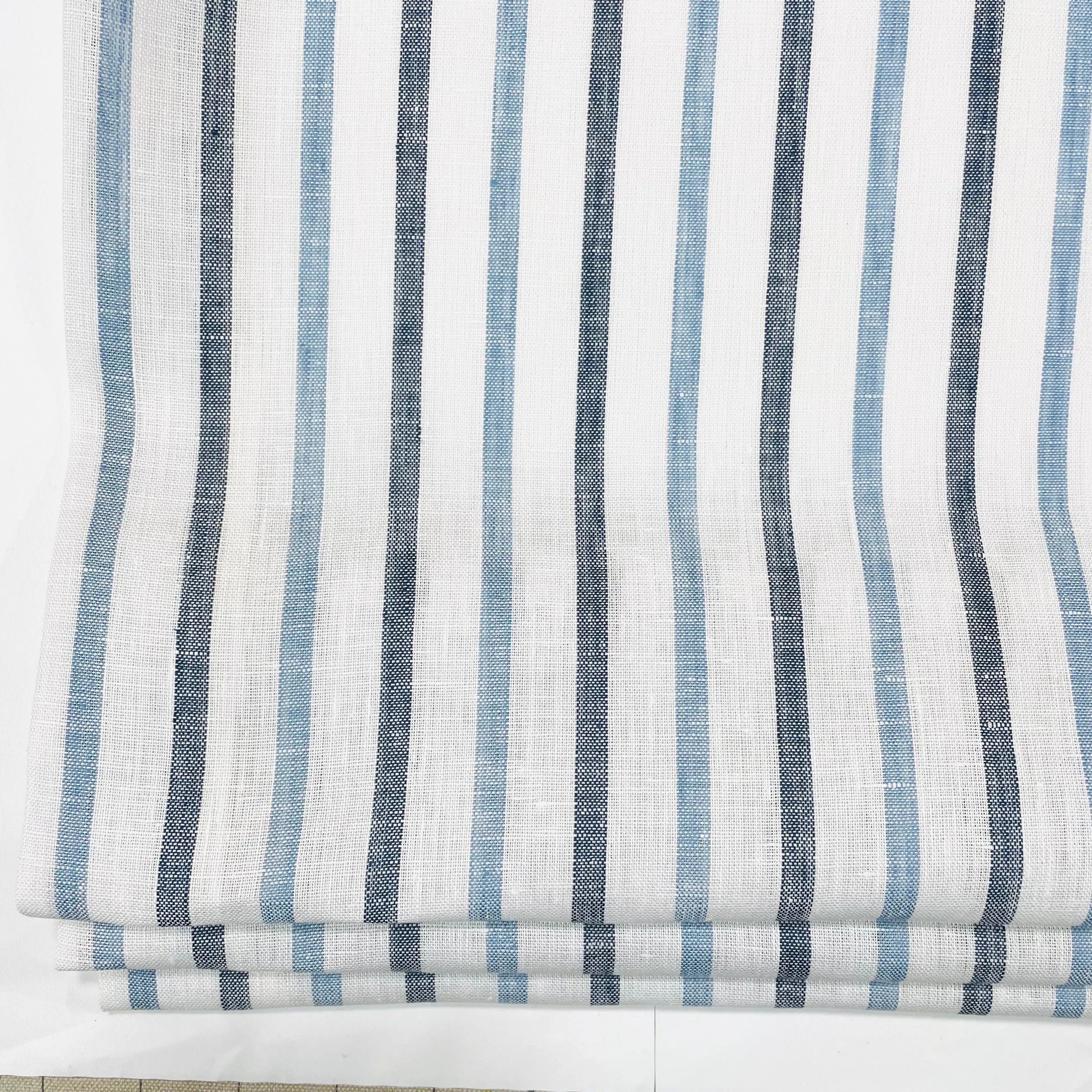 Blue Grey Striped 100% Natural Linen Flat Relaxed Casual Roman Shade/CL1046