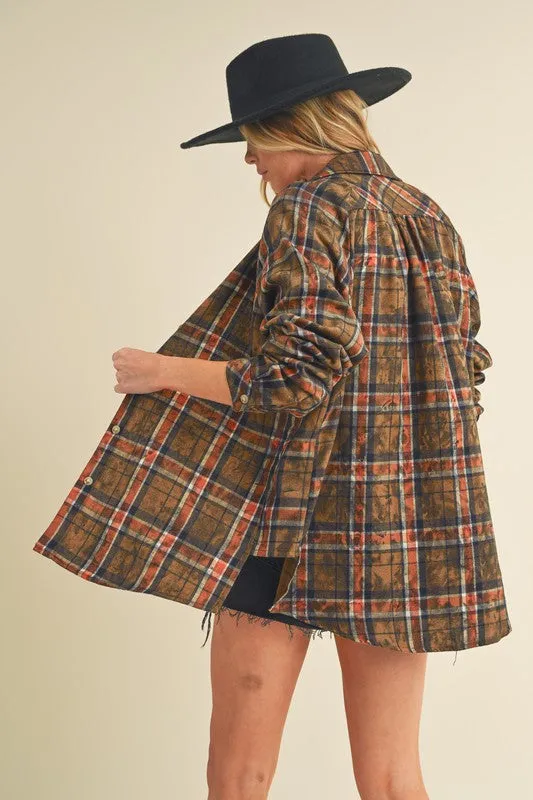 Brown Washed Plaid Flannel Side Step Hem Shirt