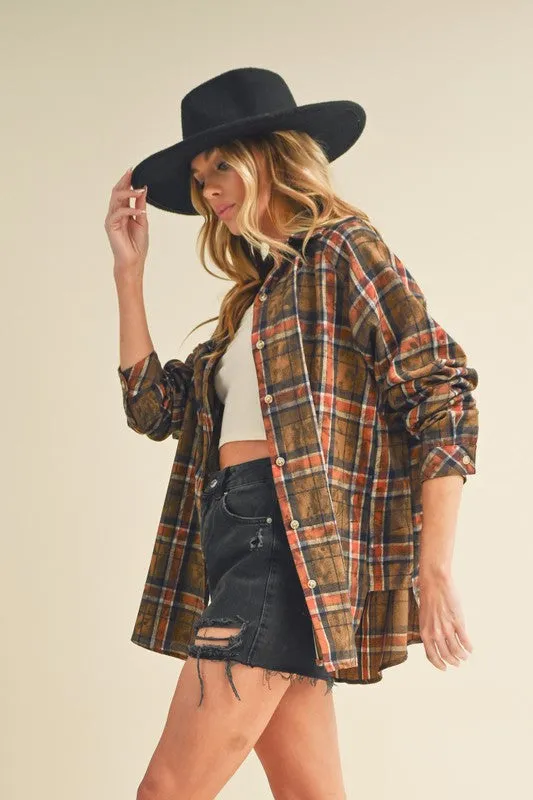 Brown Washed Plaid Flannel Side Step Hem Shirt