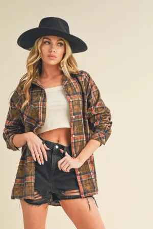 Brown Washed Plaid Flannel Side Step Hem Shirt