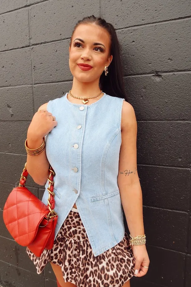Button Front Sleeveless Denim Top