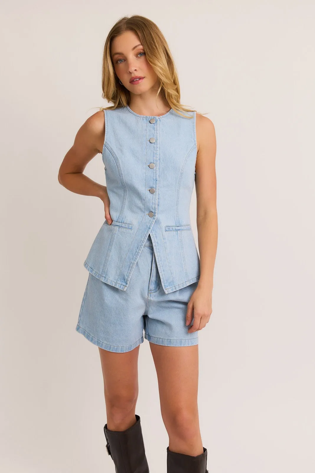 Button Front Sleeveless Denim Top