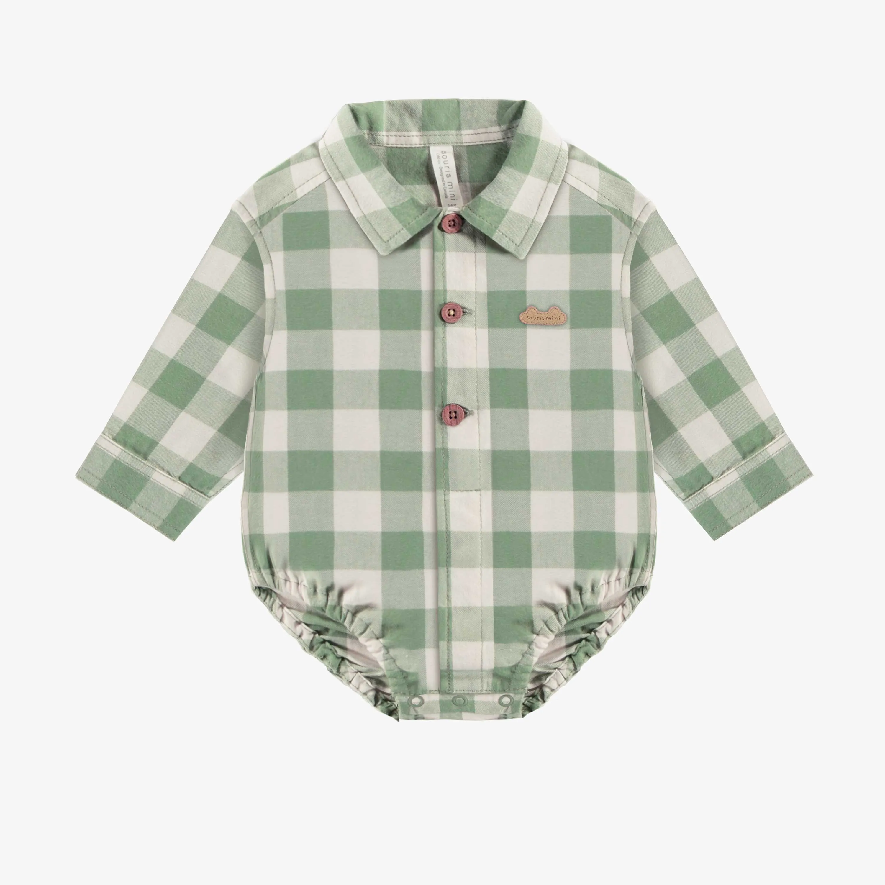 Chemise cache-couche verte et crème à carreaux en flanelle brossée, naissance || Green and cream plaid bodysuit shirt in brushed flannel, newborn