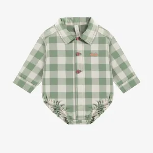 Chemise cache-couche verte et crème à carreaux en flanelle brossée, naissance || Green and cream plaid bodysuit shirt in brushed flannel, newborn