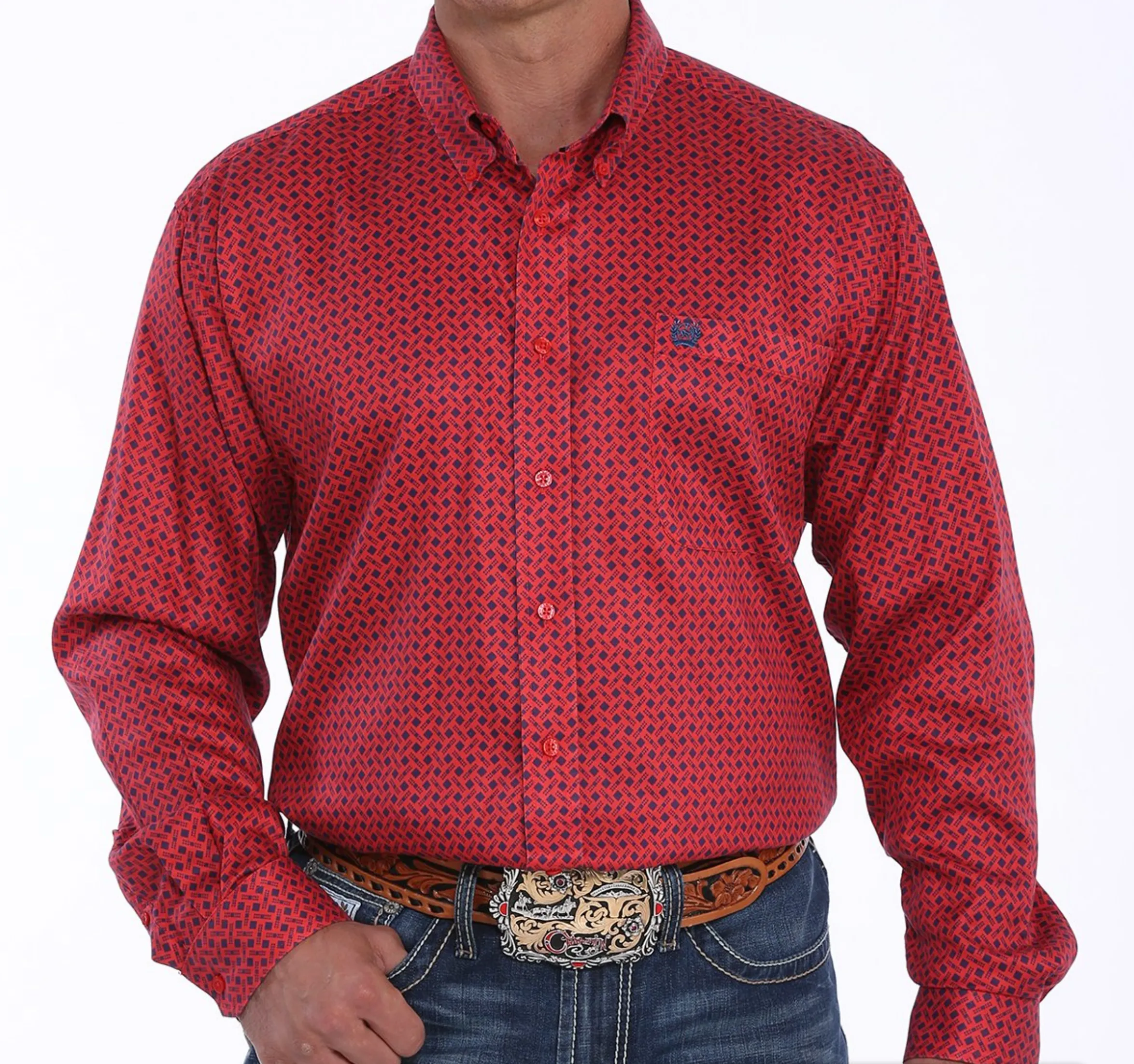 Cinch Men's Red And Navy Geometric Print Button Down Western Shirt