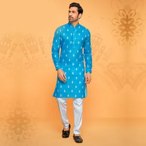 Cobalt Blue Printed Kurta for Men