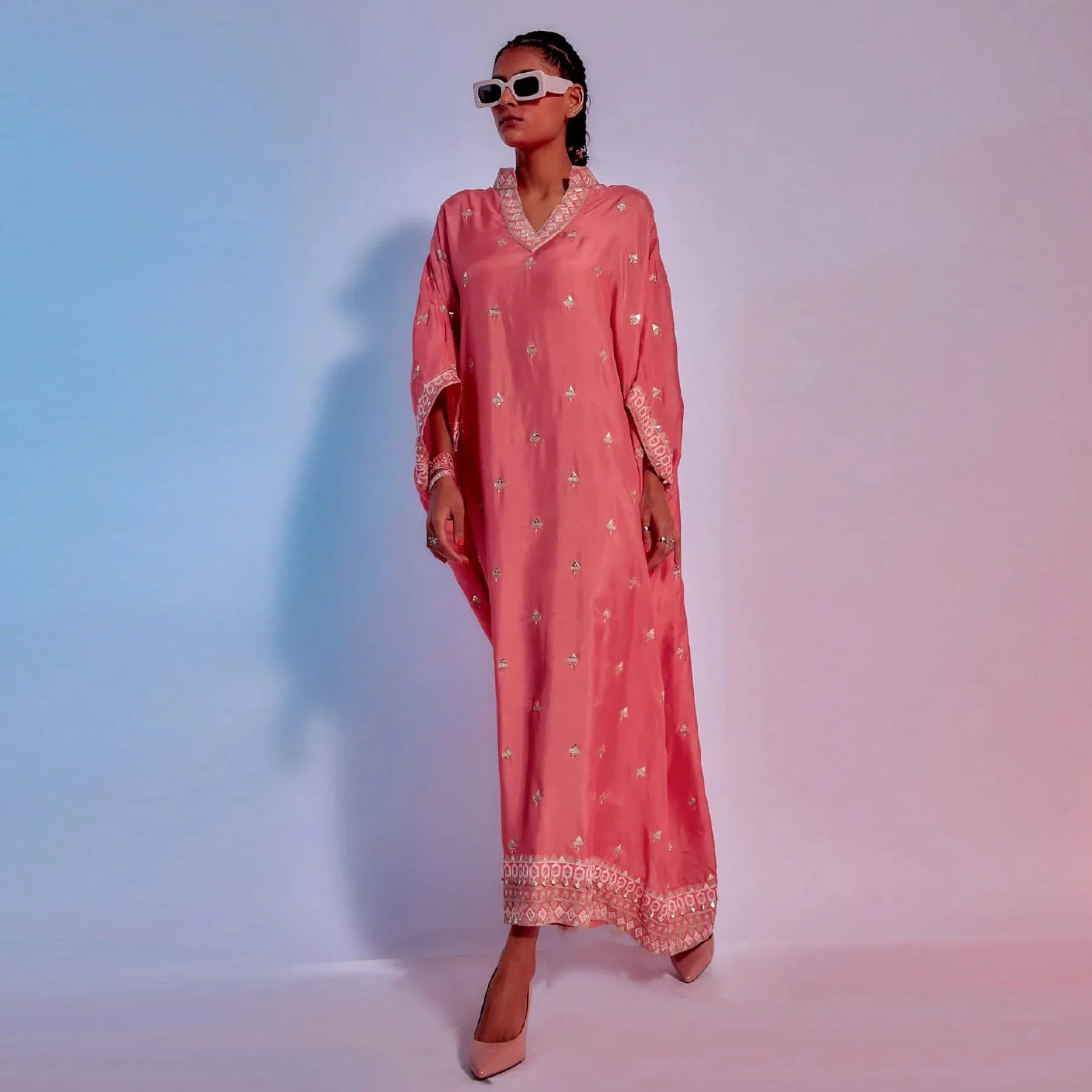 CORAL EMBELLISHED SUMMER SILK KAFTAN