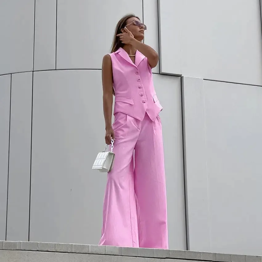 Cotton Linen Slim Fit Vest  High-Waisted Trousers Suit
