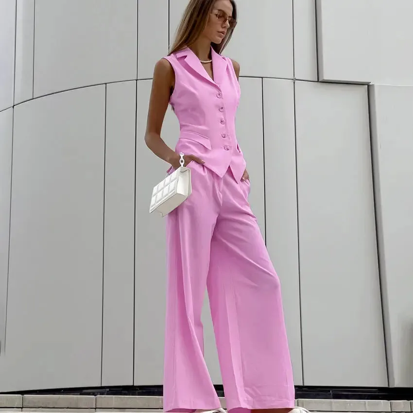 Cotton Linen Slim Fit Vest  High-Waisted Trousers Suit