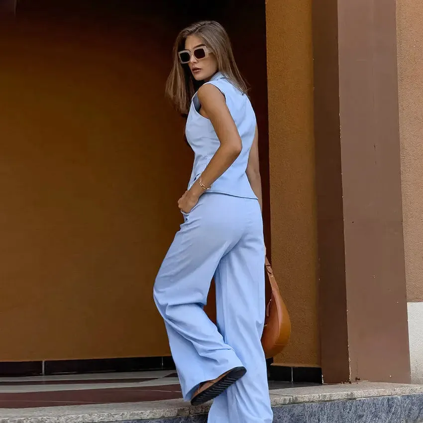 Cotton Linen Slim Fit Vest  High-Waisted Trousers Suit