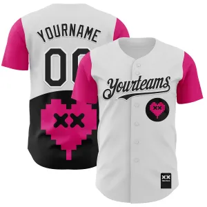 Custom White Black-Hot Pink 3D Revzzz Pixelated Love Authentic Baseball Jersey
