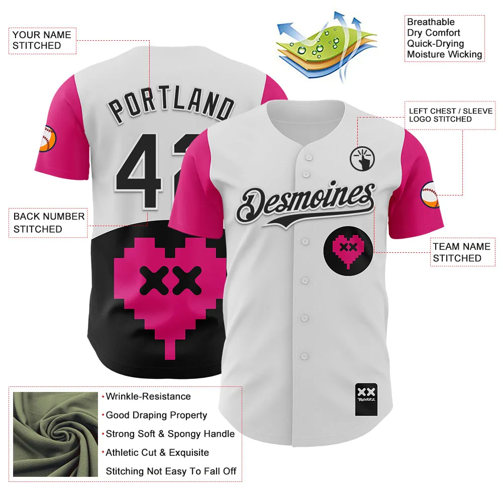Custom White Black-Hot Pink 3D Revzzz Pixelated Love Authentic Baseball Jersey