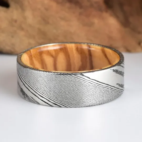 Damascus Olive Wood Men's Wedding Band 8MM