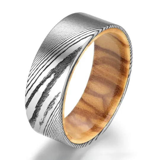Damascus Olive Wood Men's Wedding Band 8MM