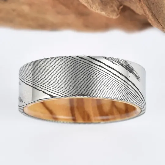 Damascus Olive Wood Men's Wedding Band 8MM