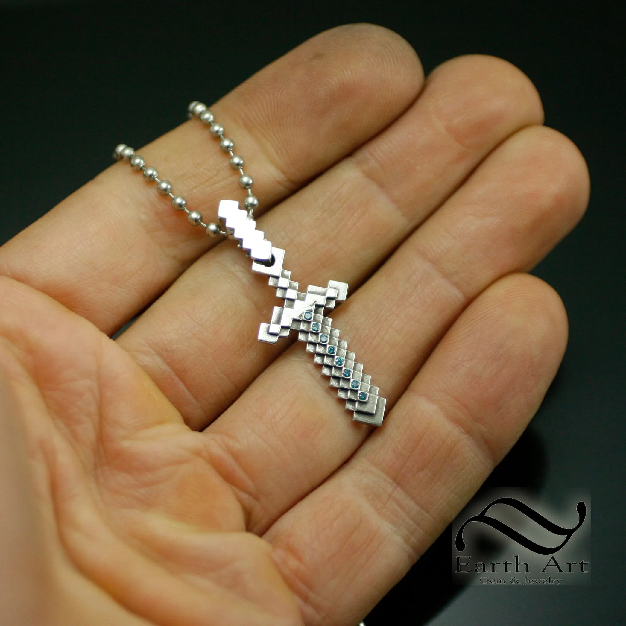 Diamond Pixelated Sword Pendant- Sterling Silver - video game Inspired