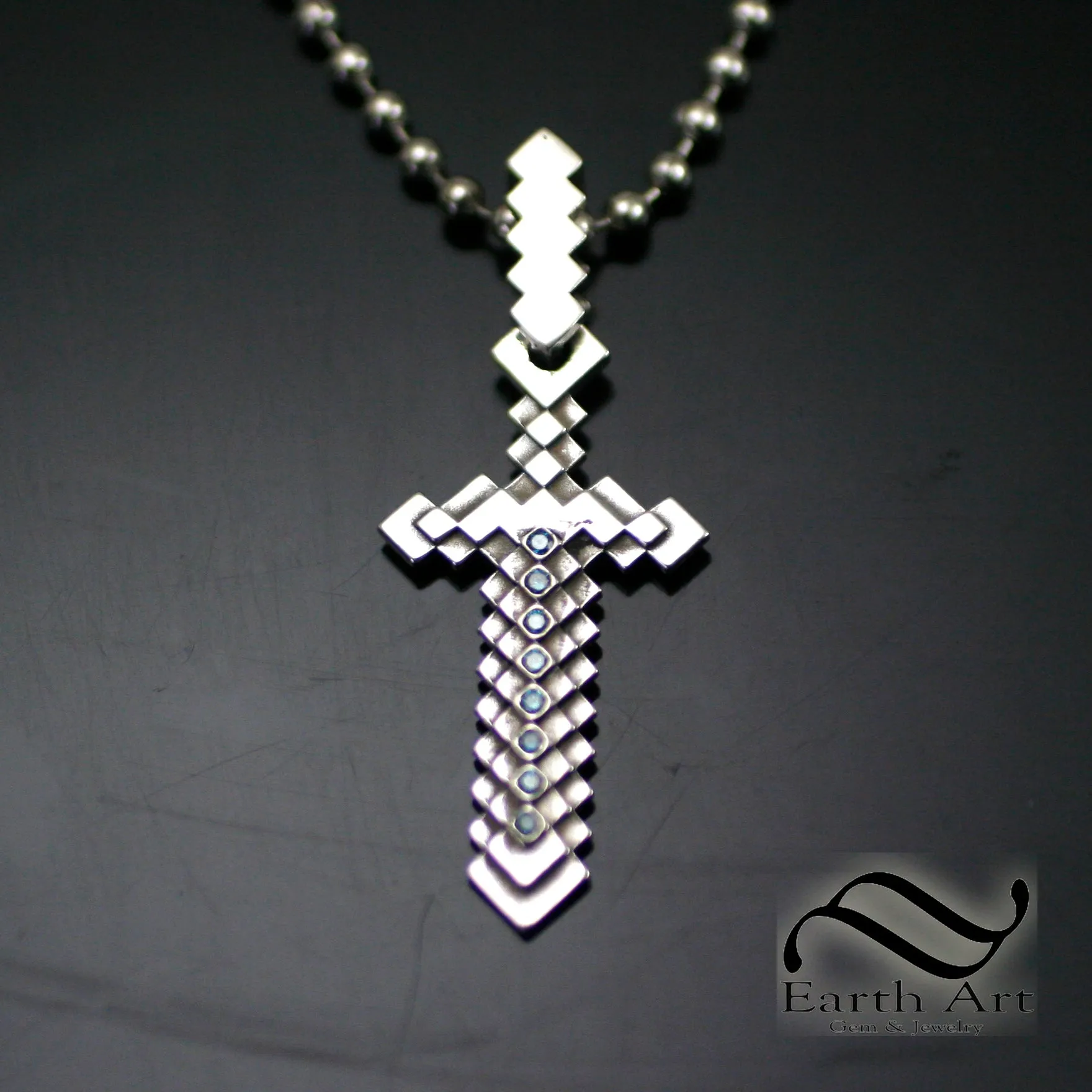 Diamond Pixelated Sword Pendant- Sterling Silver - video game Inspired