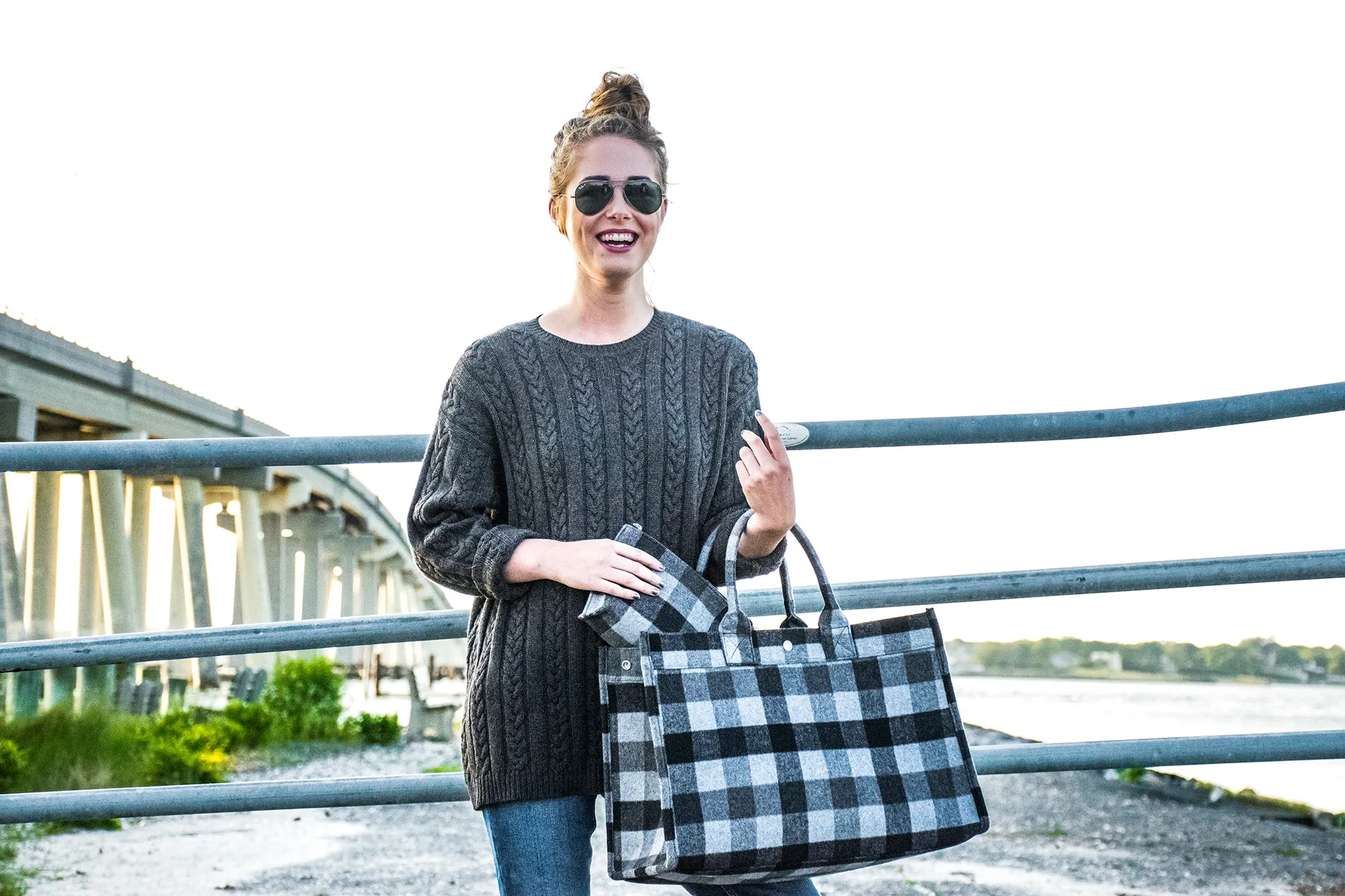 East West Bag: Grey Flannel Plaid