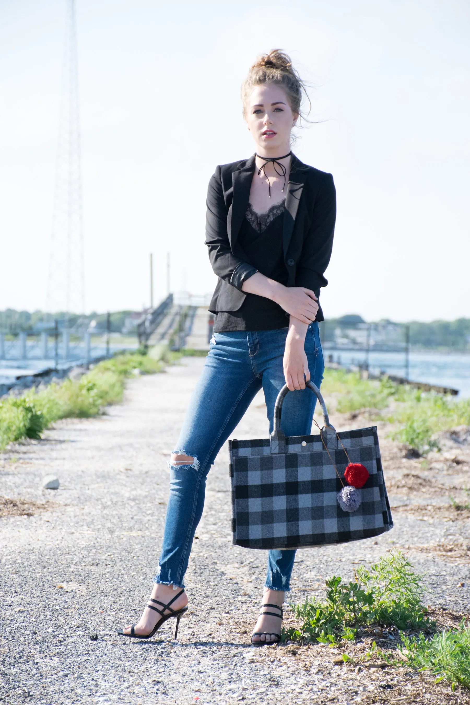 East West Bag: Grey Flannel Plaid