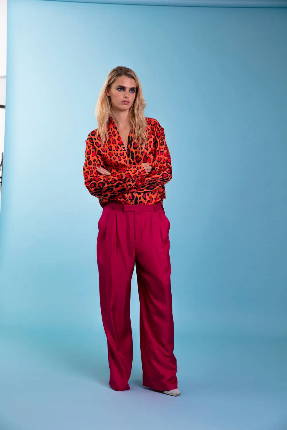 FINNEY RUBEN LONG SLEEVE SILK SHIRT RED JAGUAR