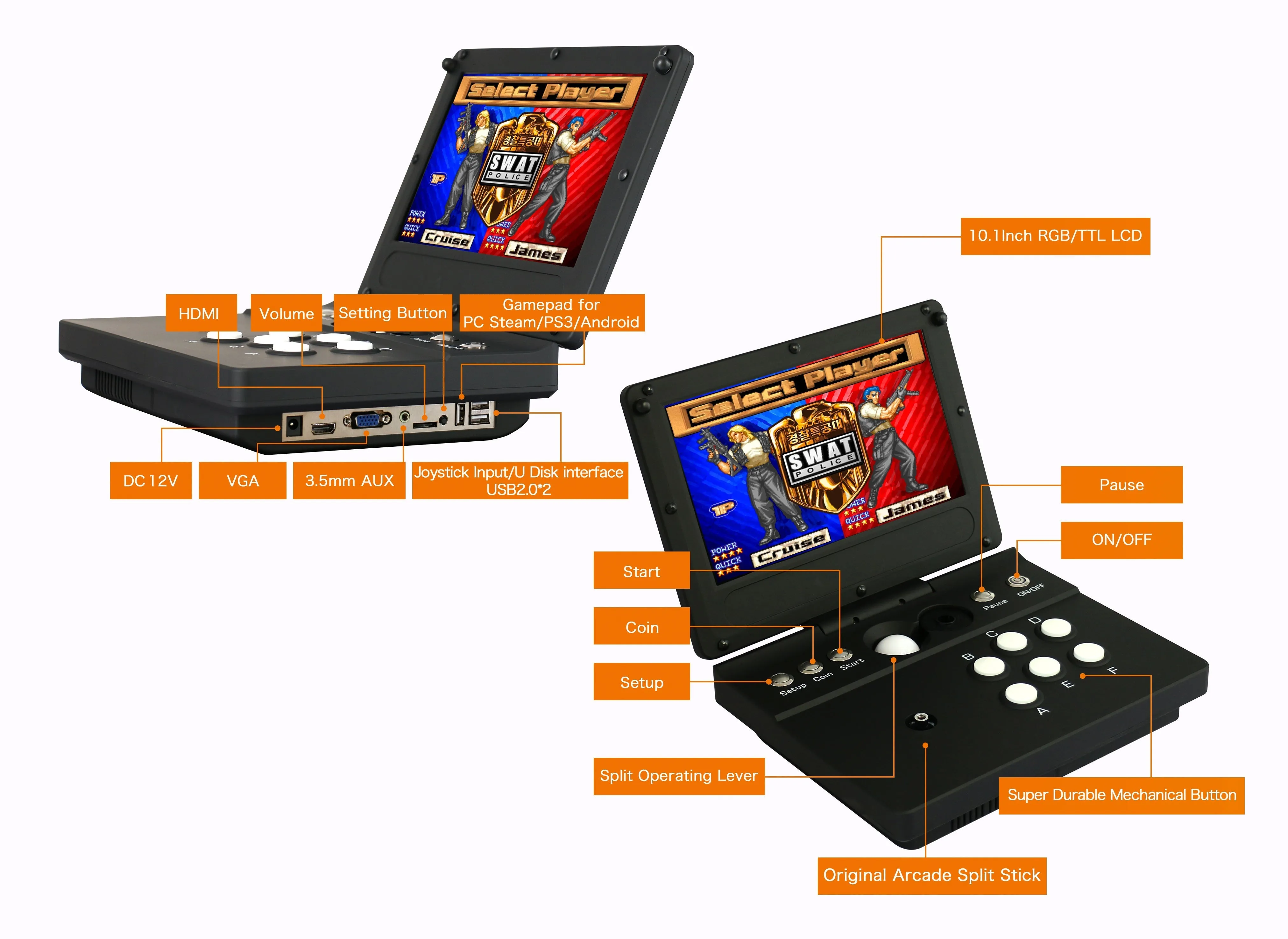 Folded Arcade Game DXS 10inch Screen Pandora Box Retro Games Console - 5000 in 1 - Black