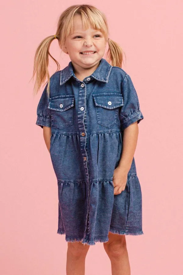 Girl's Button Up Tiered Denim Dress