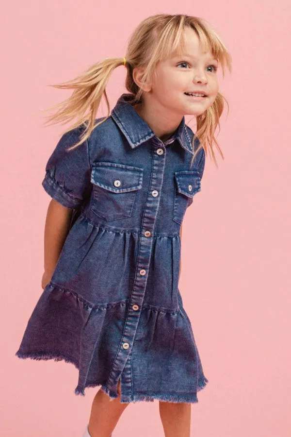 Girl's Button Up Tiered Denim Dress