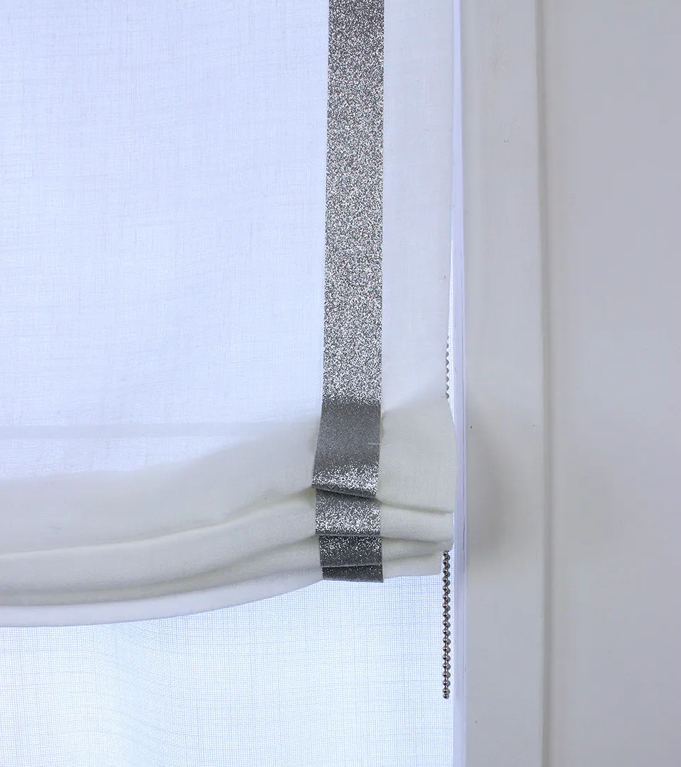Glitter Silver Border Off-White Linen Relaxed Roman Shade