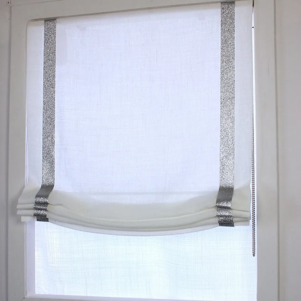 Glitter Silver Border Off-White Linen Relaxed Roman Shade
