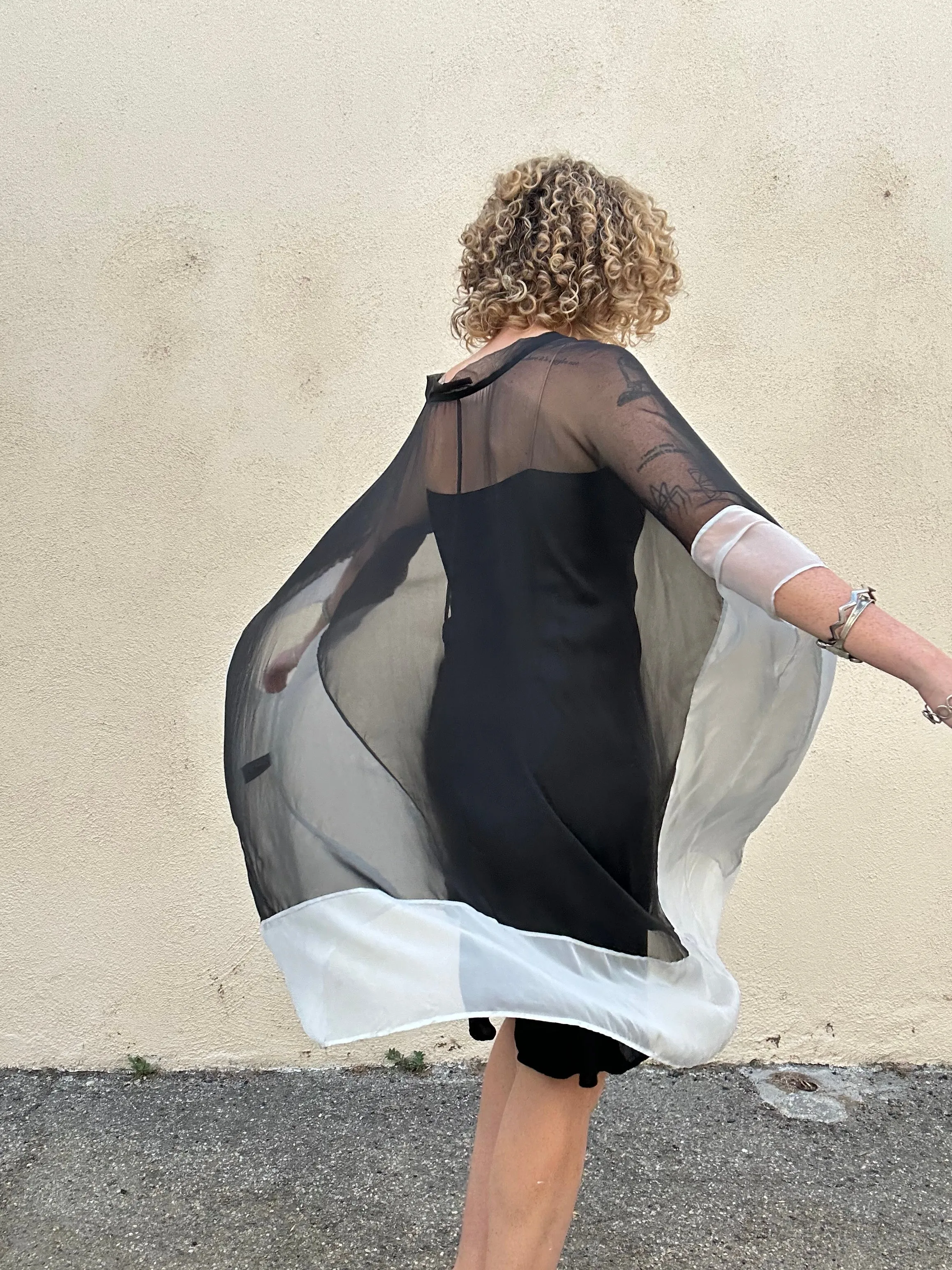 Haider Ackerman Black and White Sheer Silk Cape Dress