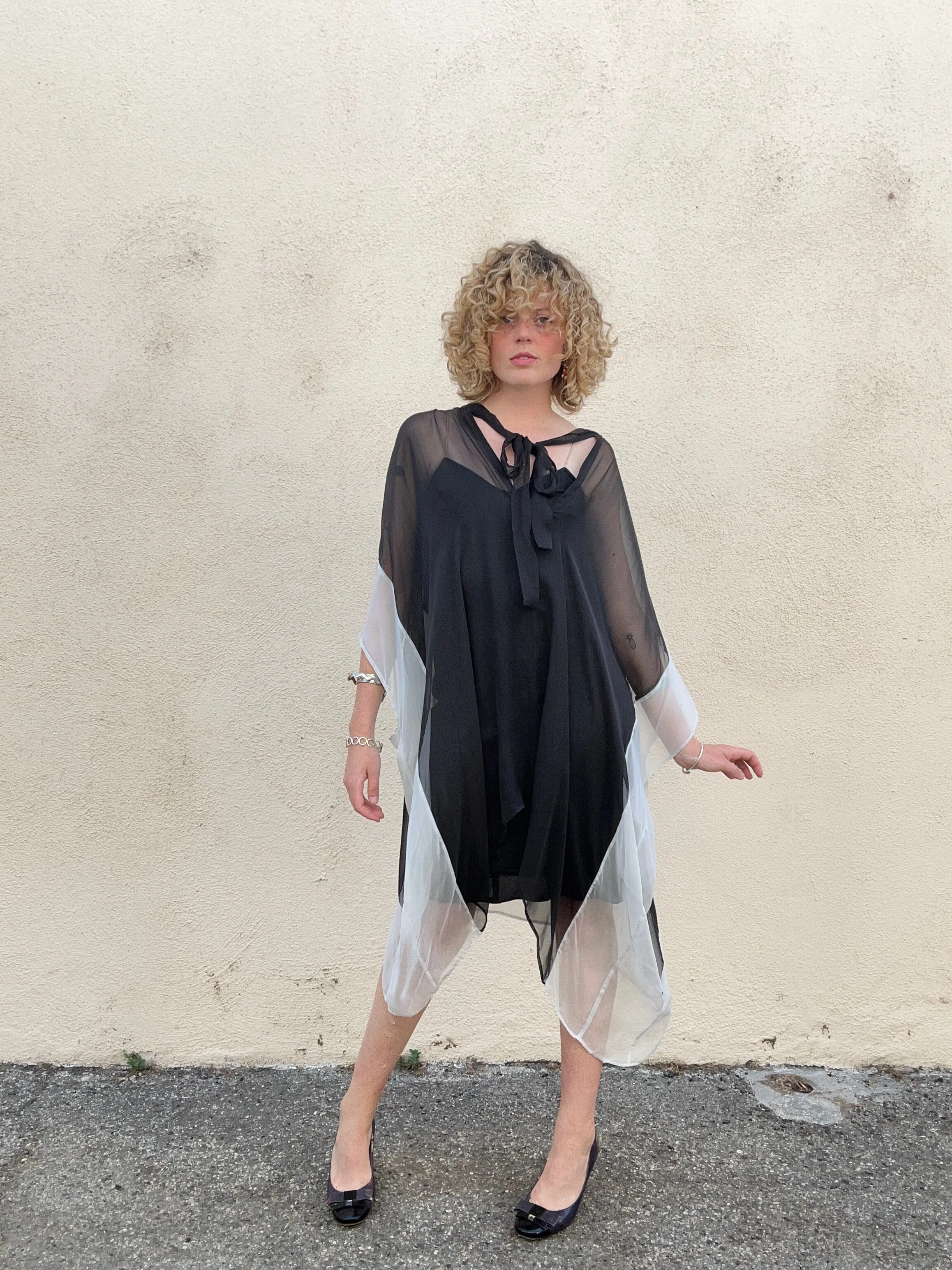 Haider Ackerman Black and White Sheer Silk Cape Dress