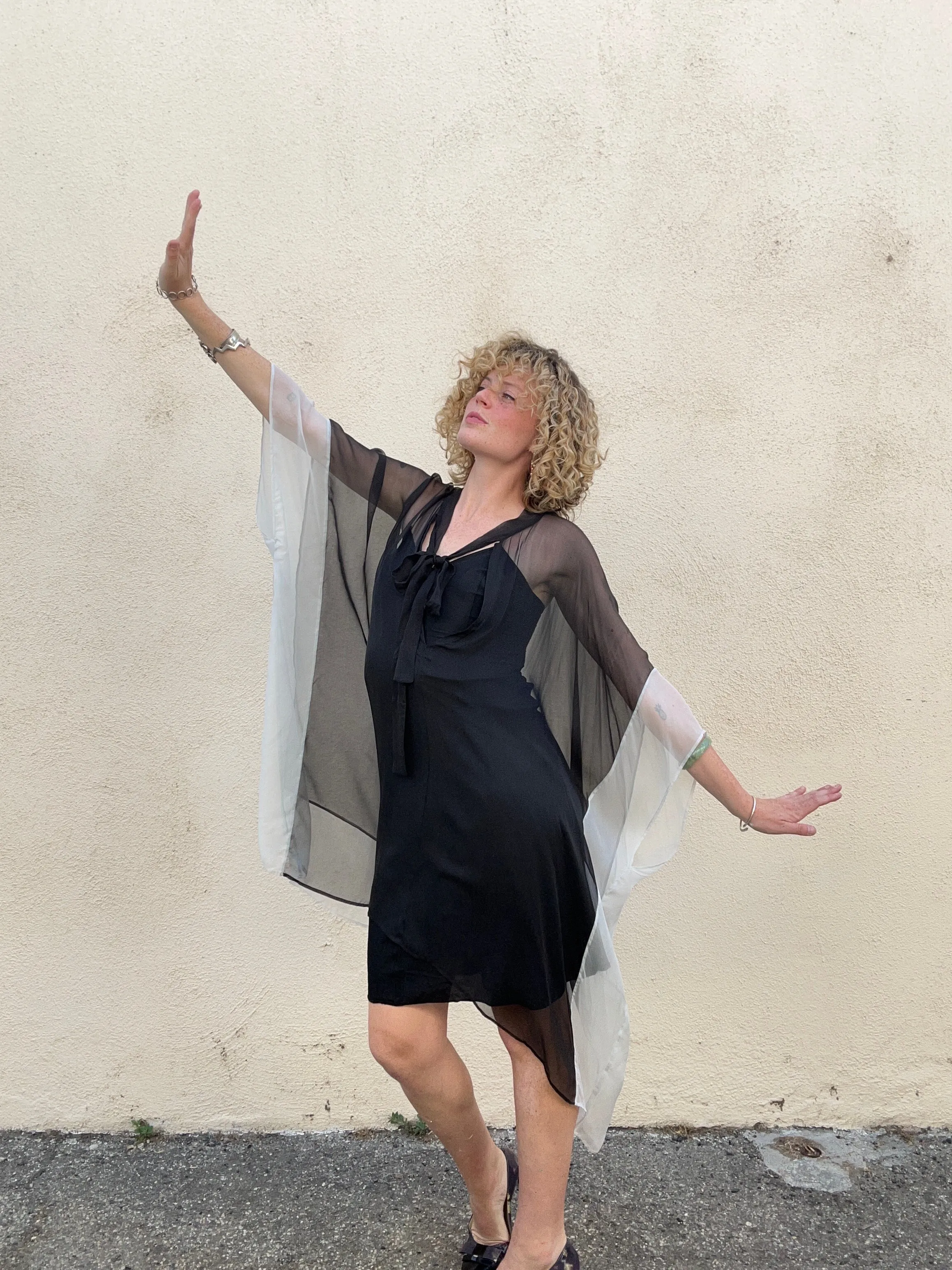 Haider Ackerman Black and White Sheer Silk Cape Dress