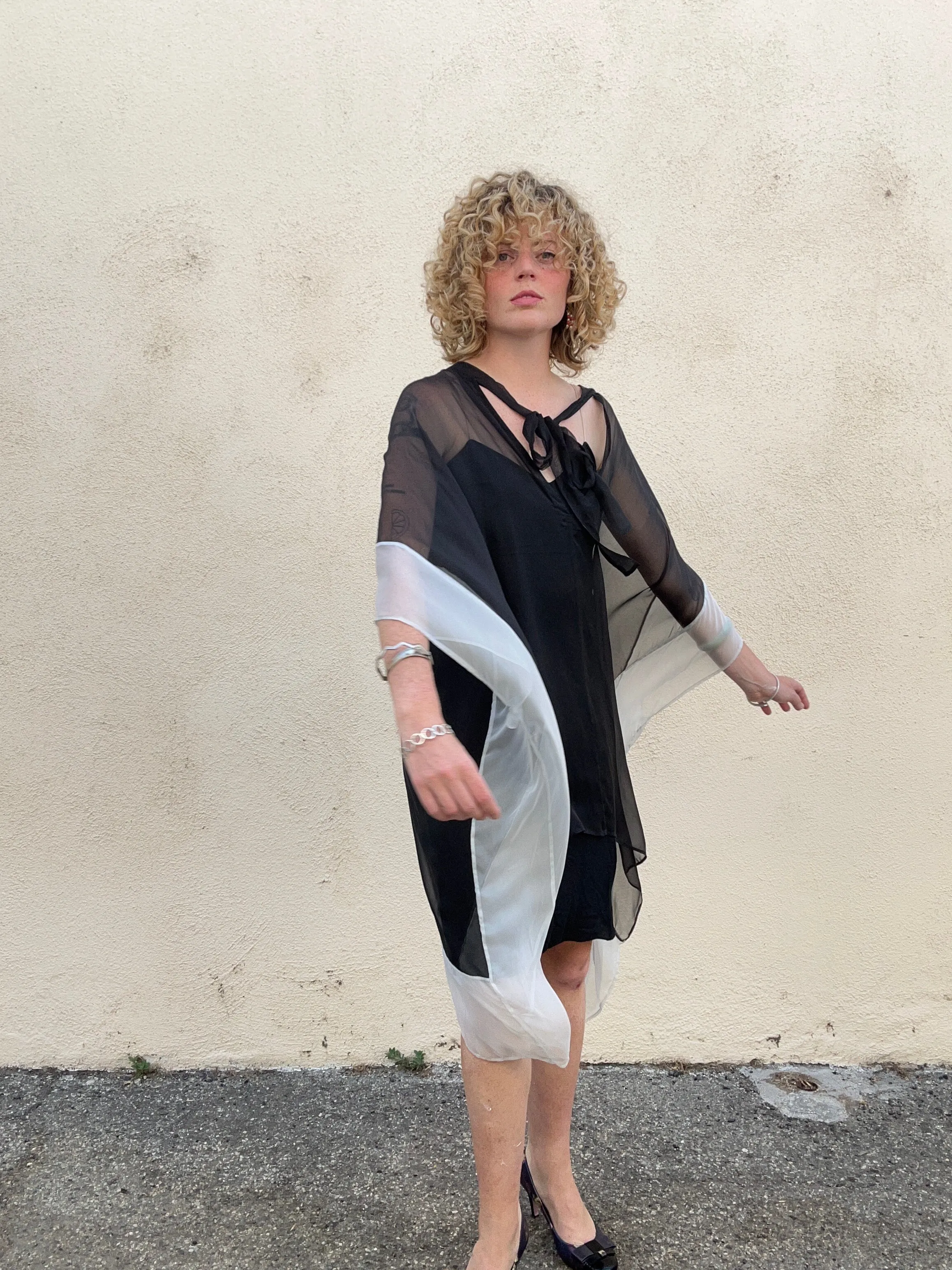 Haider Ackerman Black and White Sheer Silk Cape Dress