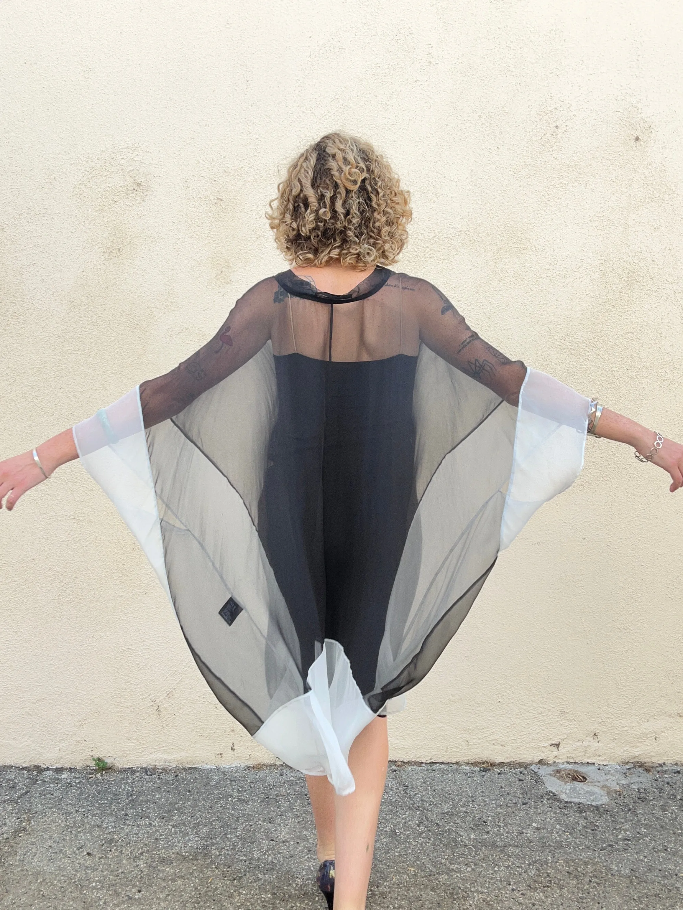 Haider Ackerman Black and White Sheer Silk Cape Dress