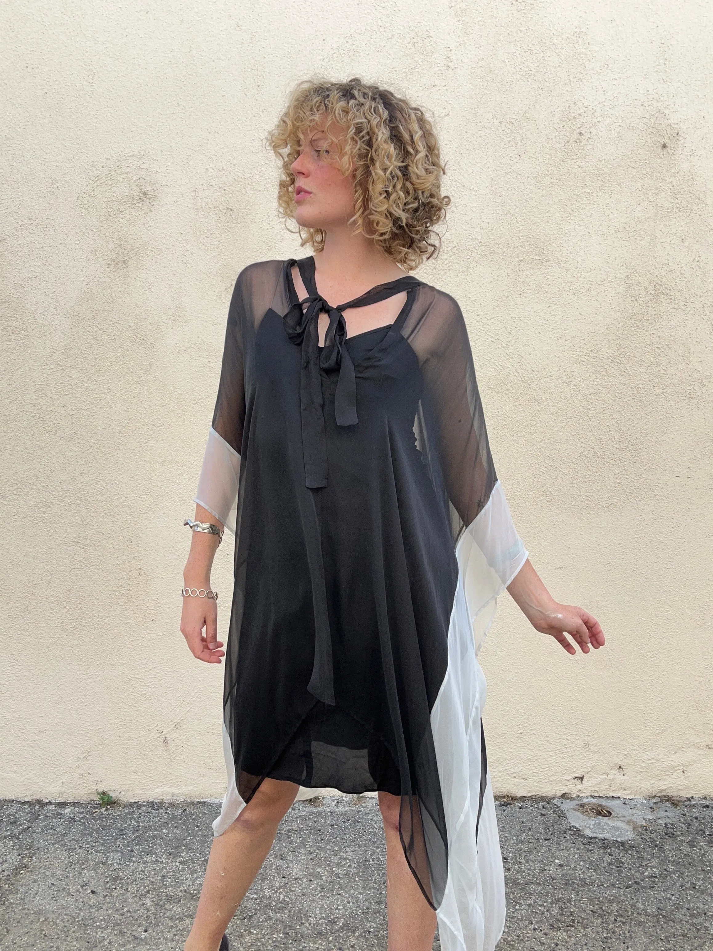 Haider Ackerman Black and White Sheer Silk Cape Dress