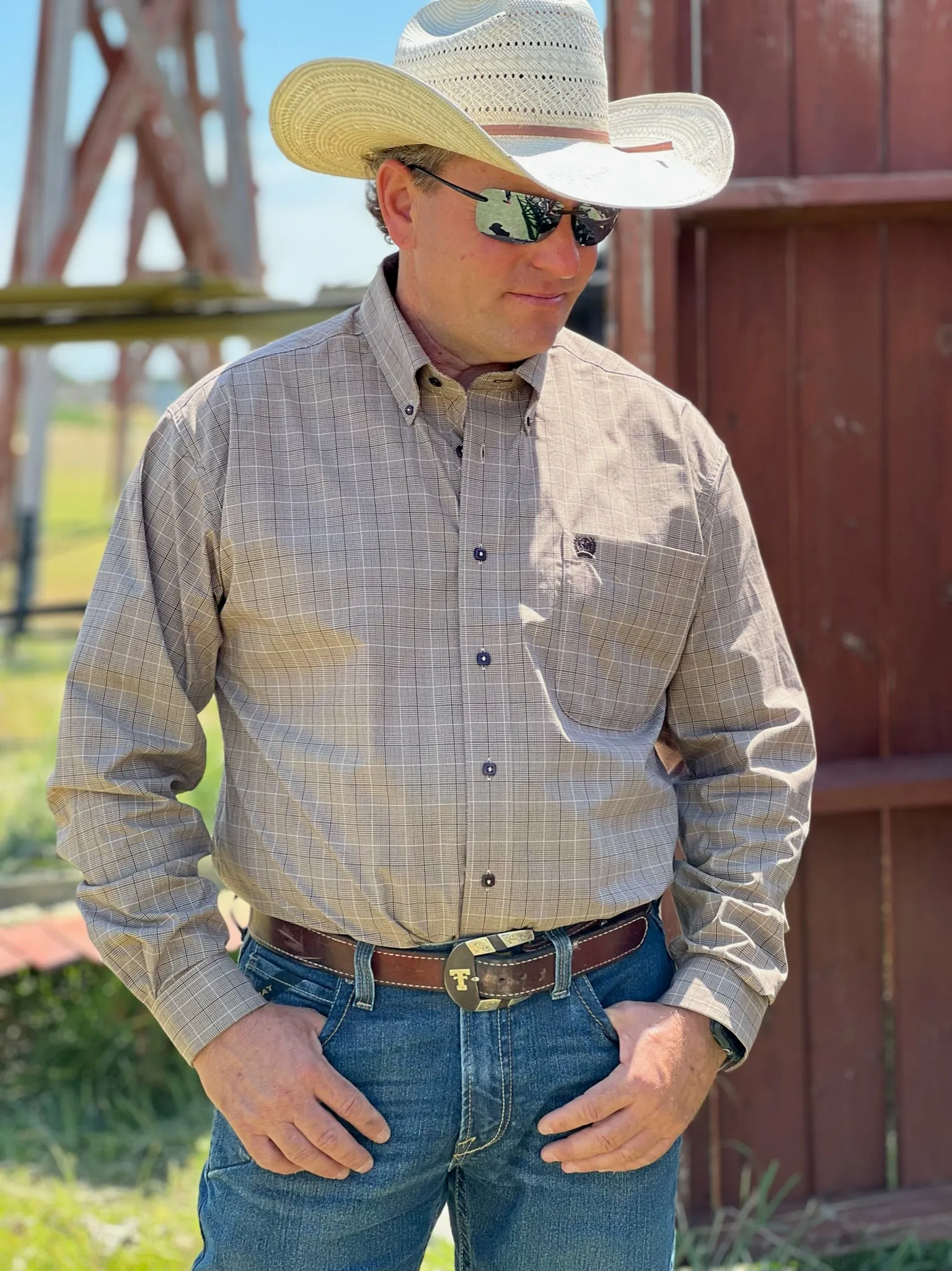 Justin Brown Plaid Long Sleeve Men's Shirt by Cinch