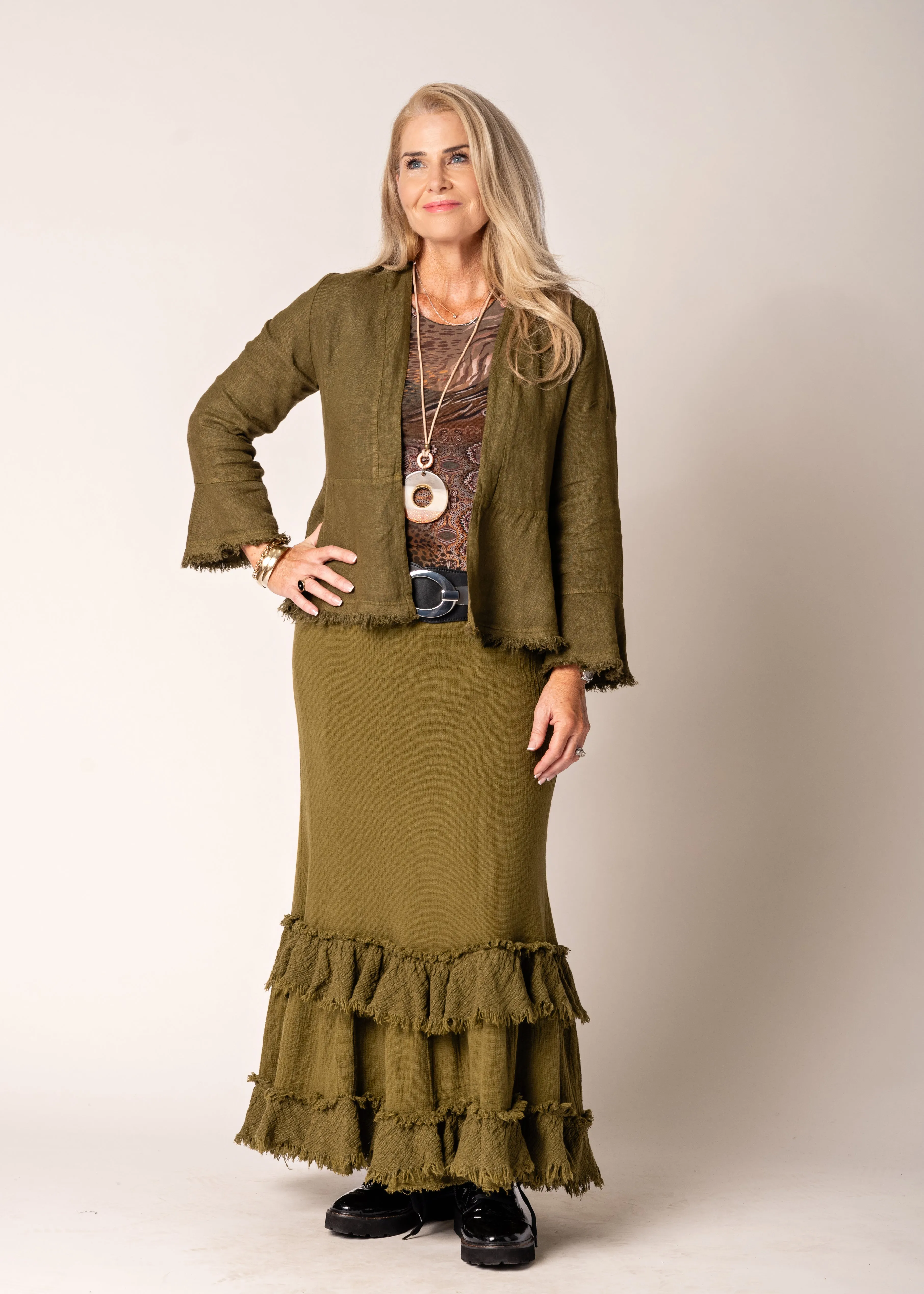 Katrina Linen Top in Green Olive