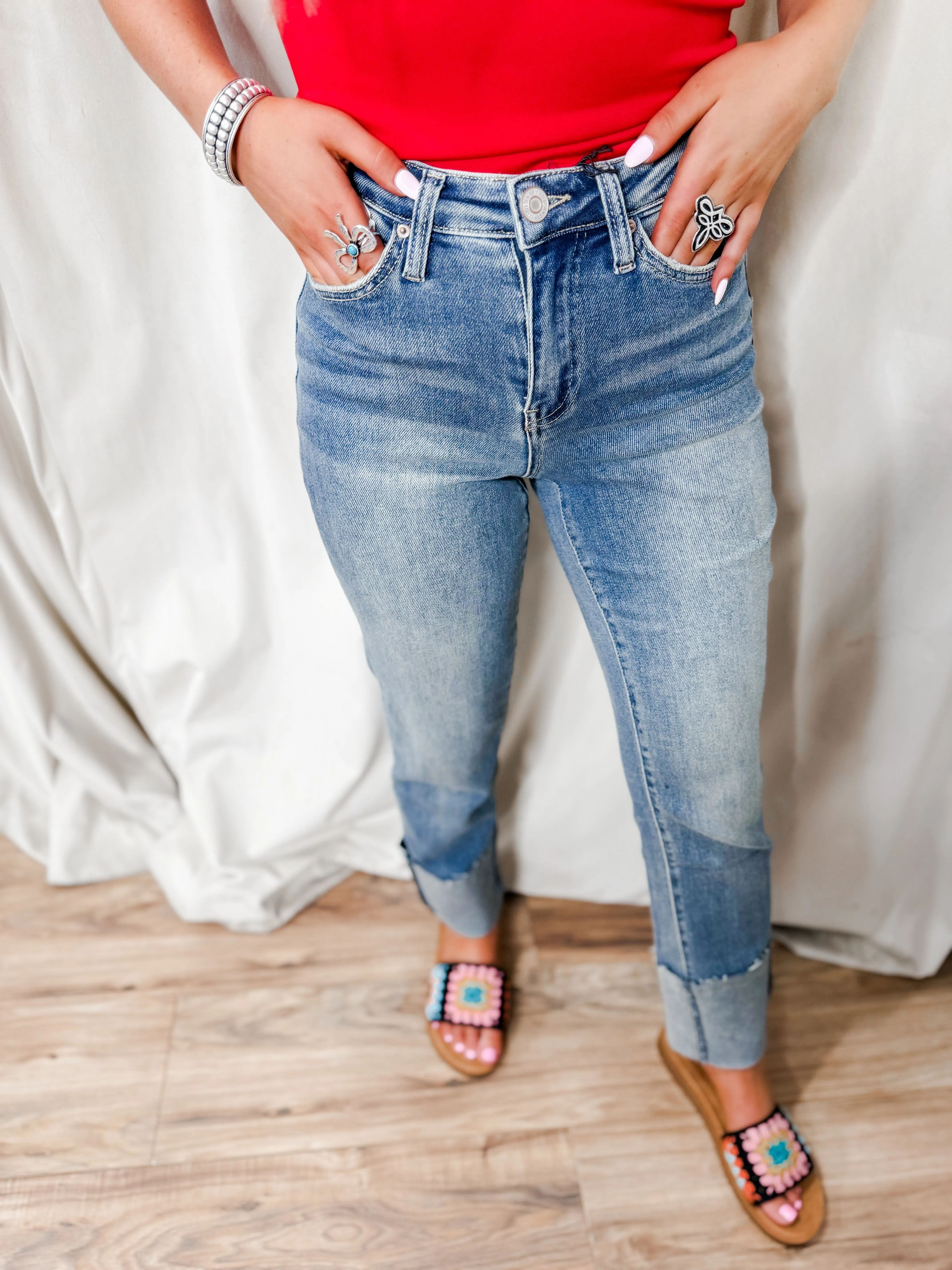 Light wash high rise cuffed cropped jeans