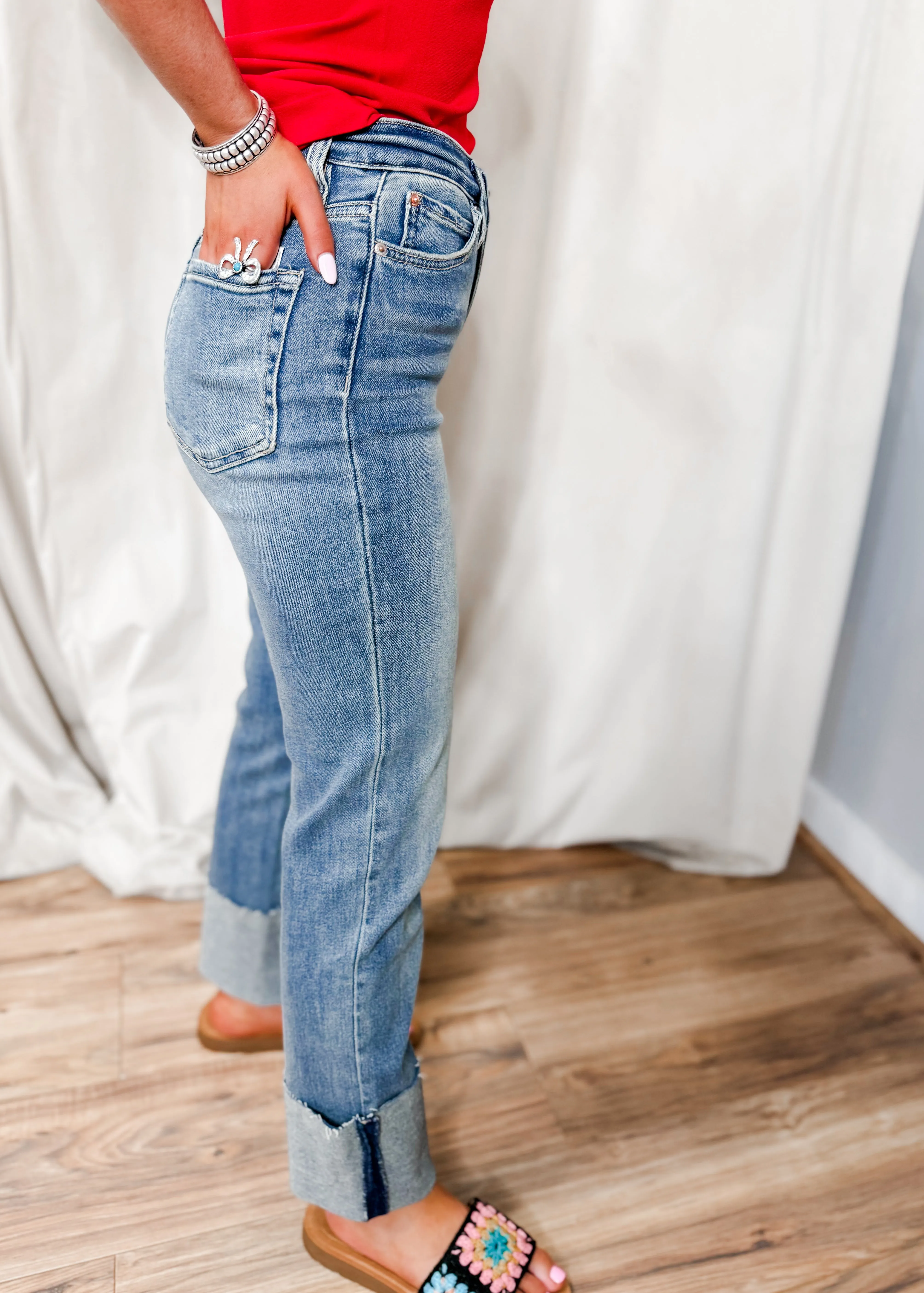 Light wash high rise cuffed cropped jeans