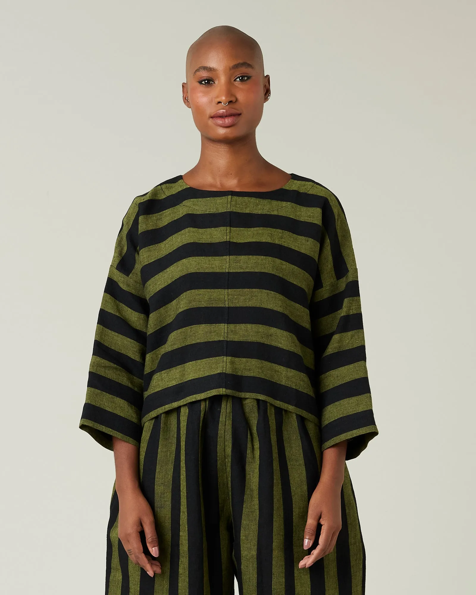 Lily Black & Olive Stripe Linen Top