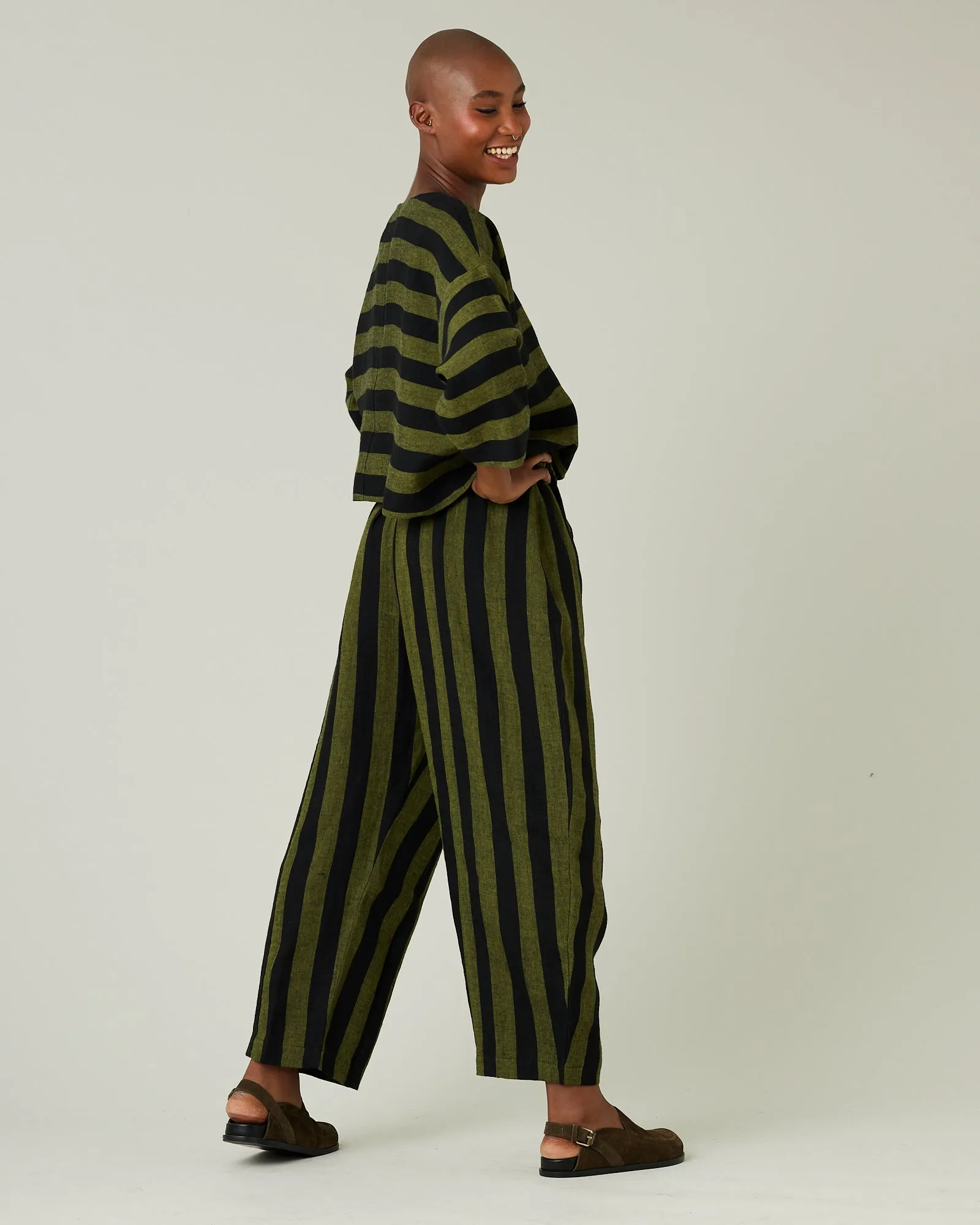 Lily Black & Olive Stripe Linen Top