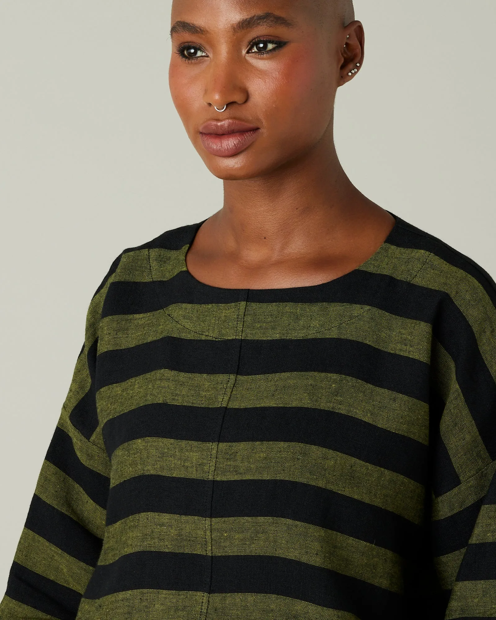 Lily Black & Olive Stripe Linen Top