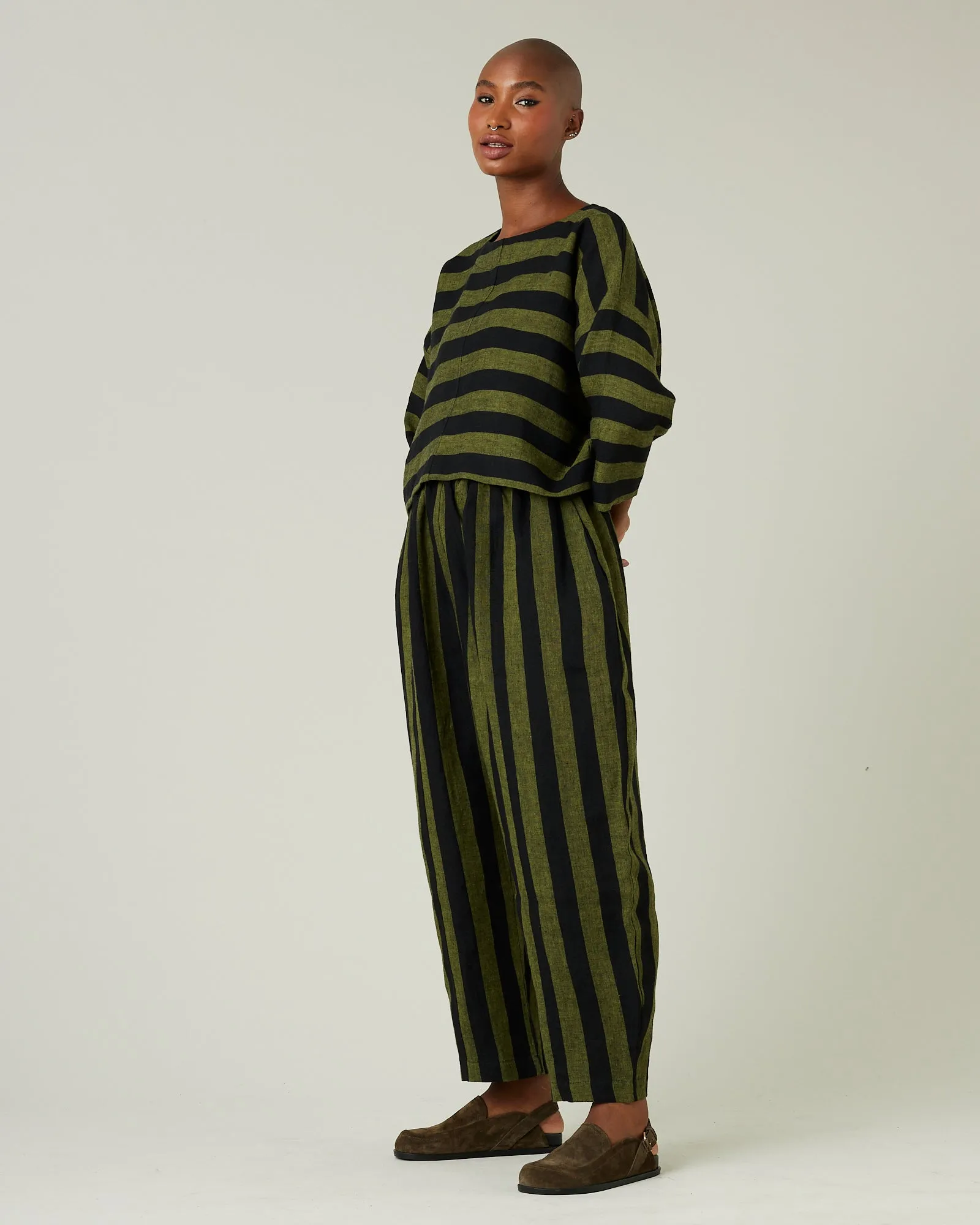 Lily Black & Olive Stripe Linen Top