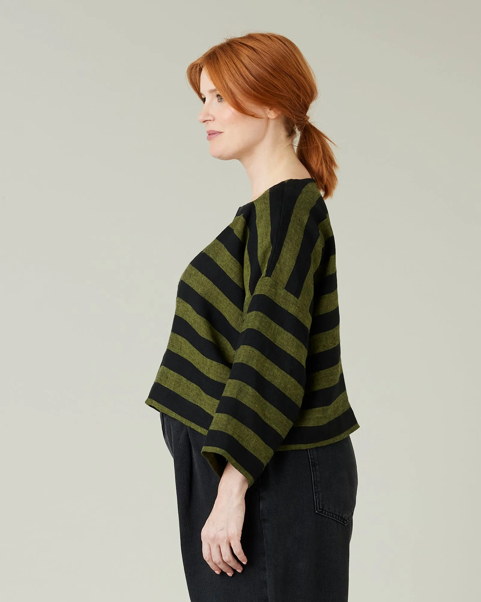 Lily Black & Olive Stripe Linen Top